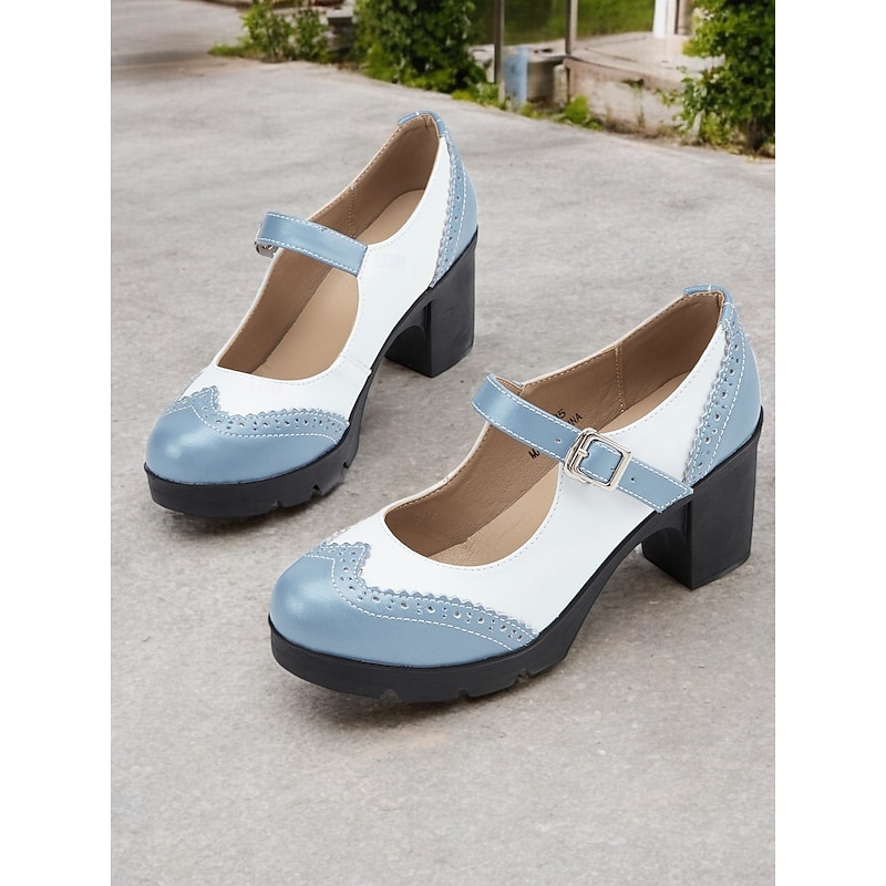 Women's Blue and White Mary Jane Chunky Heel Shoes with Brogue Detailing, Vintage Style Comfortable Pumps for Office, Parties, and Daily Wear
