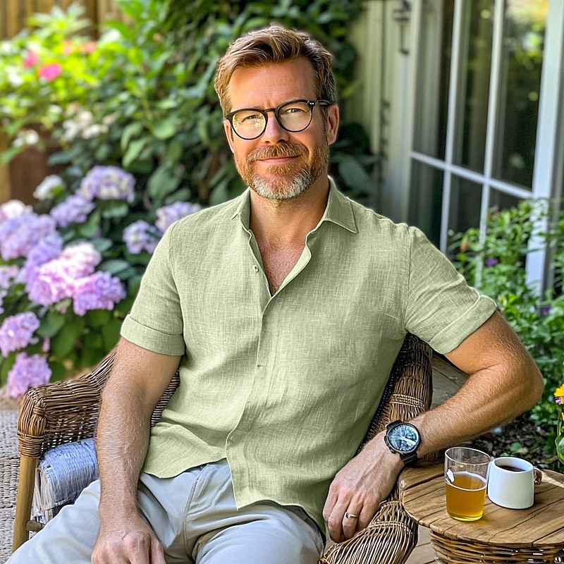 Men's Shirt Linen Shirt Summer Shirt Button Down Shirt Casual Shirt Plain Home Casual Black White Light Green Pink Short Sleeve Collar Summer Clothing Apparel2