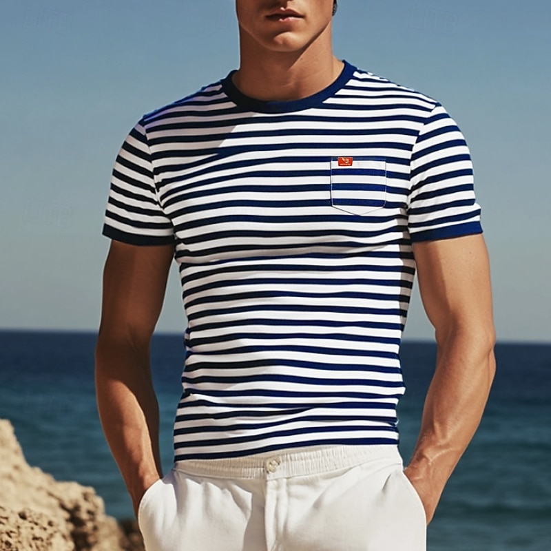 Men's T Shirt Tee Top Short Sleeves Crew Neck Summer Striped Fashion Designer Basic Front Pocket Vacation Street Going out Black Red Light Gray Top Tee for Men2