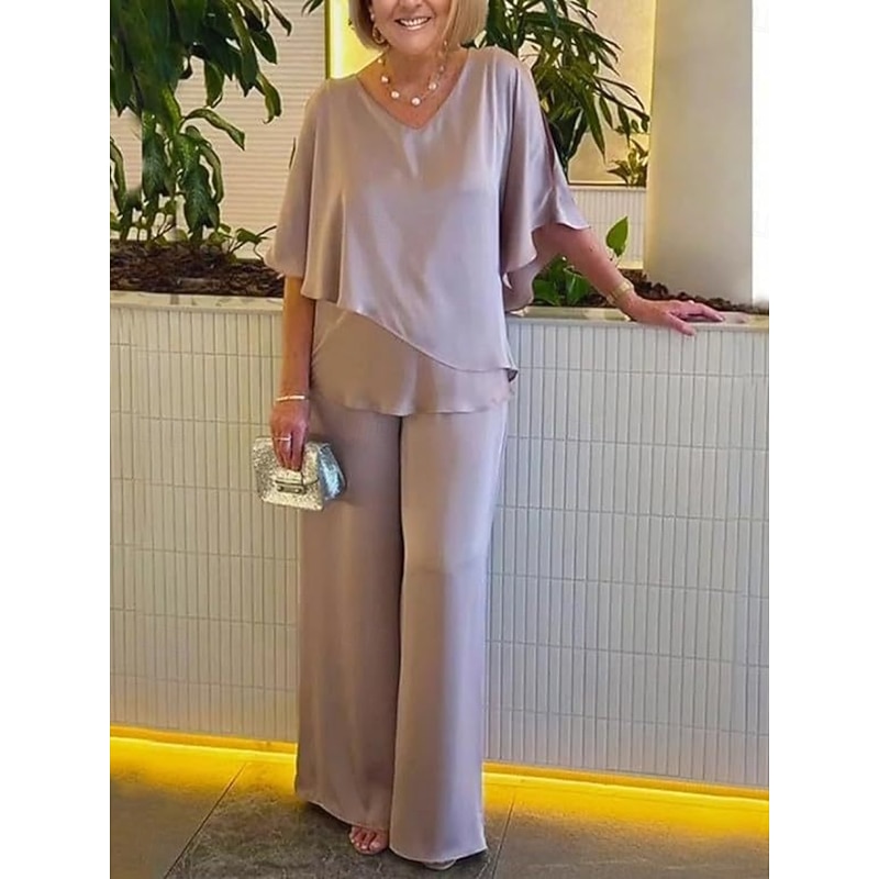 Women's Fashion Streetwear Daily Blouse Wide Leg Pants 3/4 Length Sleeve V Neck Plain Ruffle Casual Daily Pink Purple Khaki Spring &  Fall Regular Fit4