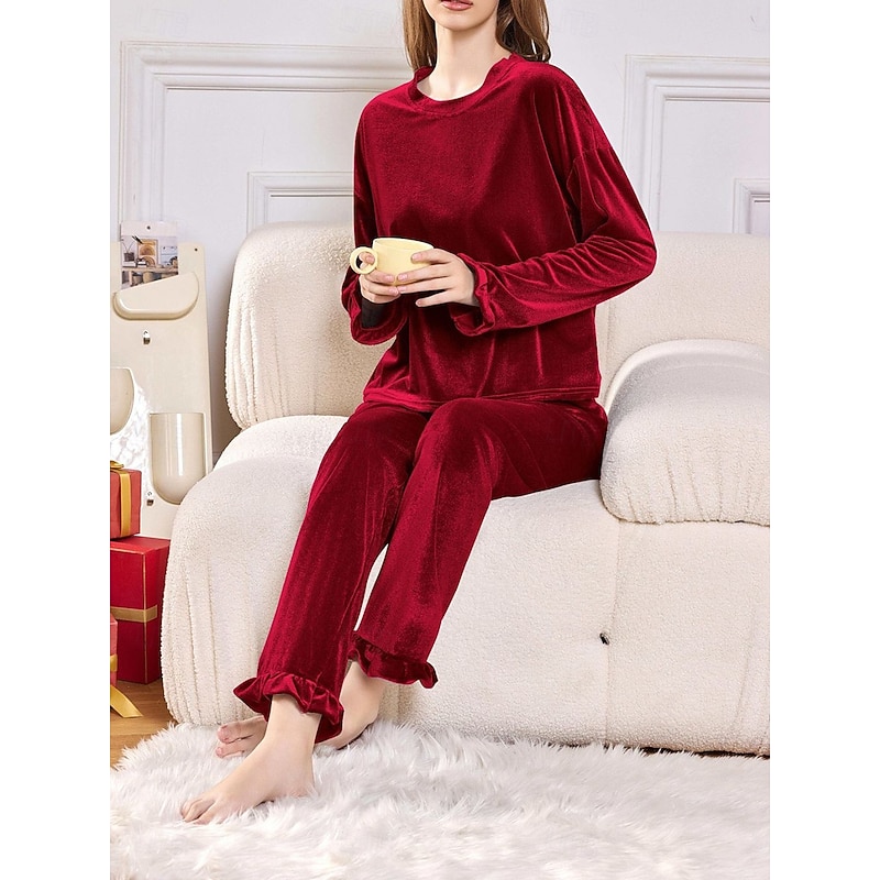 Women's Pajama Set Casual Comfort Pure Color Elastic Waist T Shirt Pant Home Daily Long Sleeve Crew Neck Red Beige Gray Fall Winter2