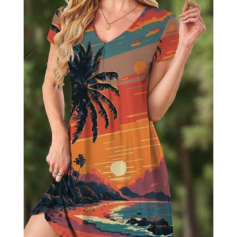 Women's Mini Dress Casual Dress Petite Dress T Shirt Dress Tee Dress Shift Dress Party Stylish Boho Vacation Party Casual Loose Fit Tropical Short Sleeve V Neck Orange Spring Fall2