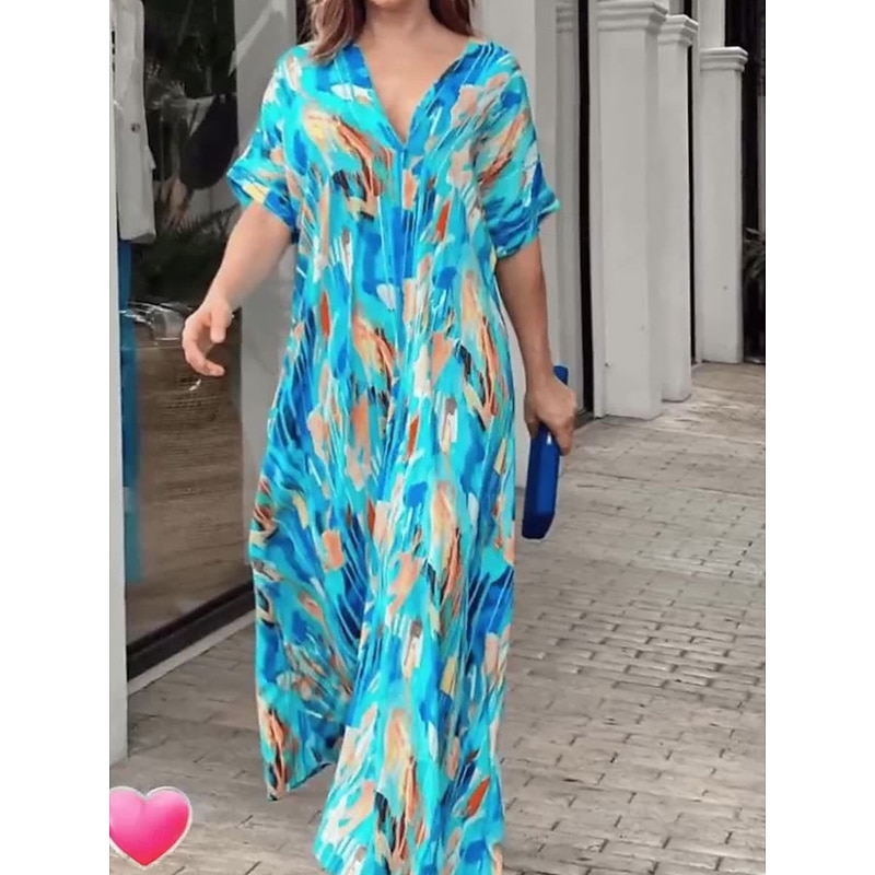 Women's Midi Dress Casual Dress Stylish Casual Vacation Party Work Loose Fit Graphic Short Sleeve V Neck Royal Blue Summer Spring Fall