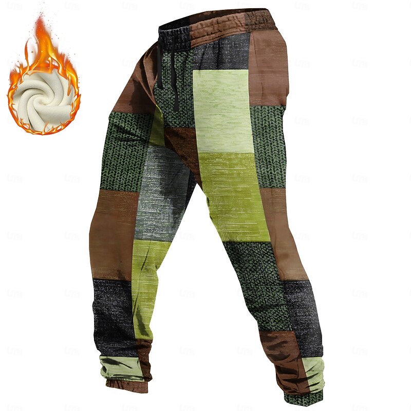 Men's Color Block Patchwork Geometric Pattern Fleece Sweatpants Drawstring Elastic Waist Vintage Casual Outdoor Holiday Streetwear Warm Fleece Lined Thermal Winter 3D Print Red Blue Purple2