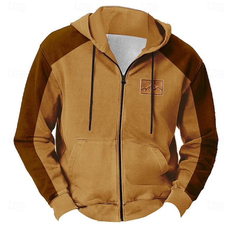 Men's Camo Hoodies Fashion Daily Long Sleeve Hooded Vacation Hunting Brown Khaki Drawstring Zipper Fall Winter Designer