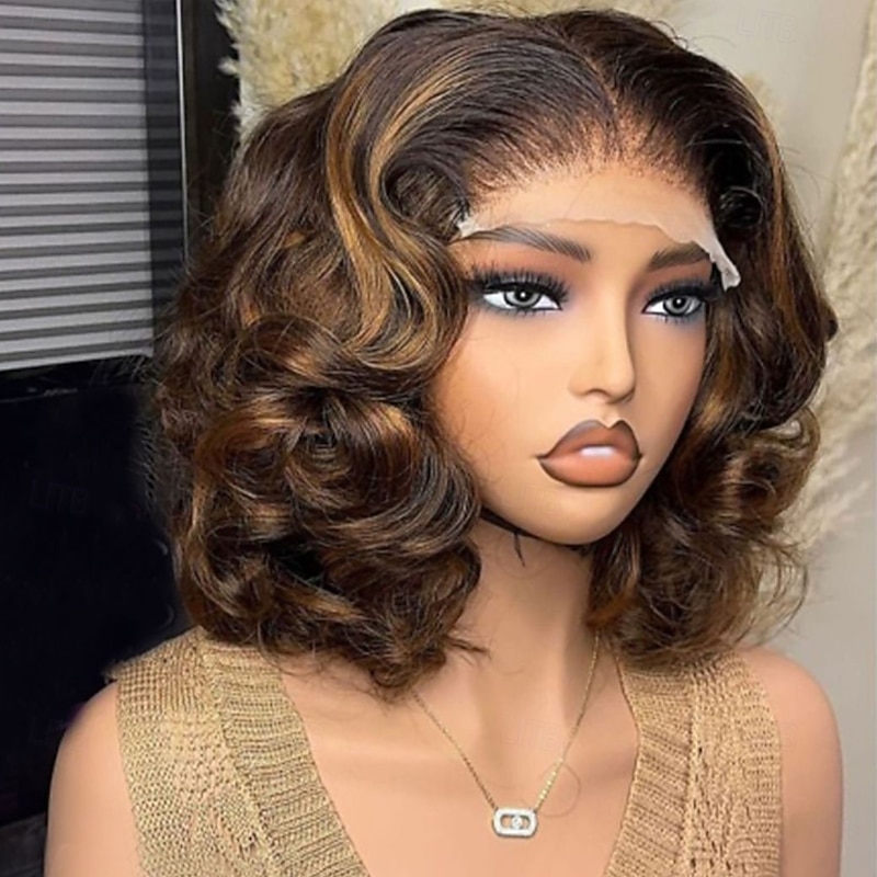 Human Hair 5x5 Closure 13x4 Lace Front Wig Short Bob Brazilian Hair Loose Wave Brown Multi-color Wig 130% 150% Density Ombre Hair Highlighted / Balayage Hair Glueless Pre-Plucked For Women Short4