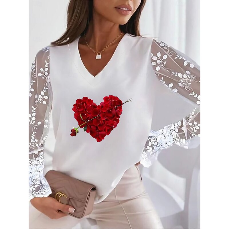 Women's Valentine Heart T Shirt Lace Splicing Top Mesh Elegant Fashion Lace Patchwork Lantern Sleeve Long Sleeve Regular Tops V Neck Party Valentine's Day