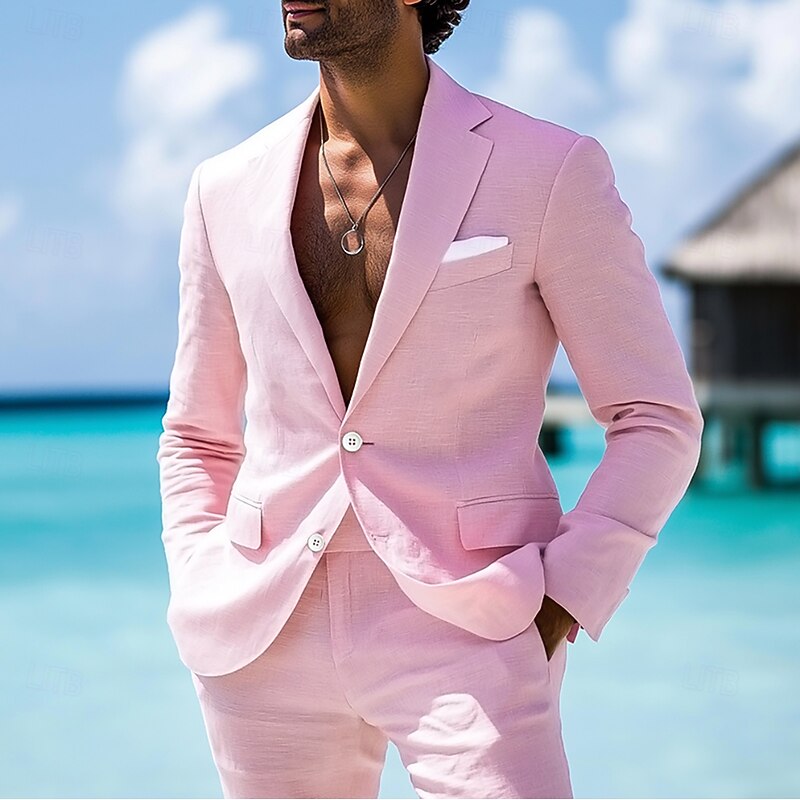 Men's Beach Wedding Linen Suits Pink Solid Colored Tailored Fit 2 Piece Single Breasted Two-buttons