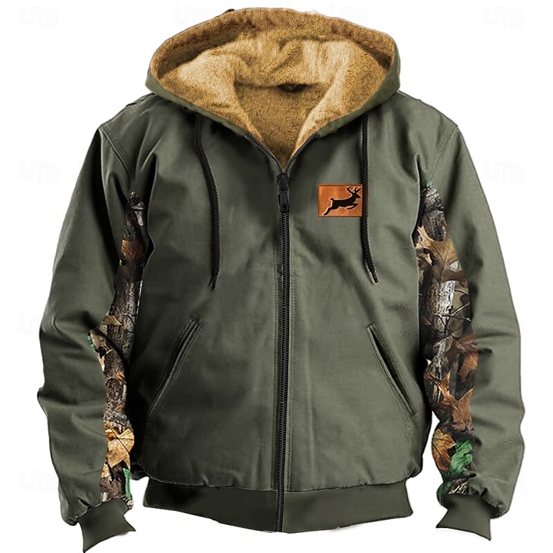 Men's Deer Fleece Hoodies Sweatshirt Fashion Ethnic Long Sleeve Hooded Hunting Brown Green Drawstring Fall Winter Designer3