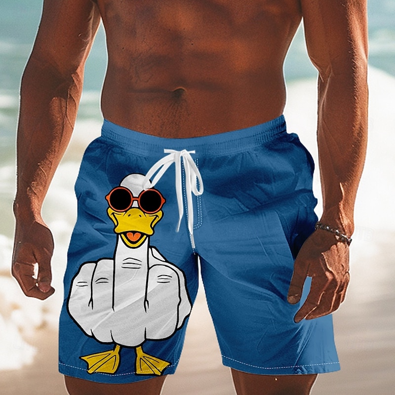 Men's Animal Duck Funny gestures Swimming Trunks Board Shorts Shorts Mid Waist Streetwear Hawaiian Casual Daily Holiday Pocket Drawstring Elastic Waist Designer Clothing Apparel