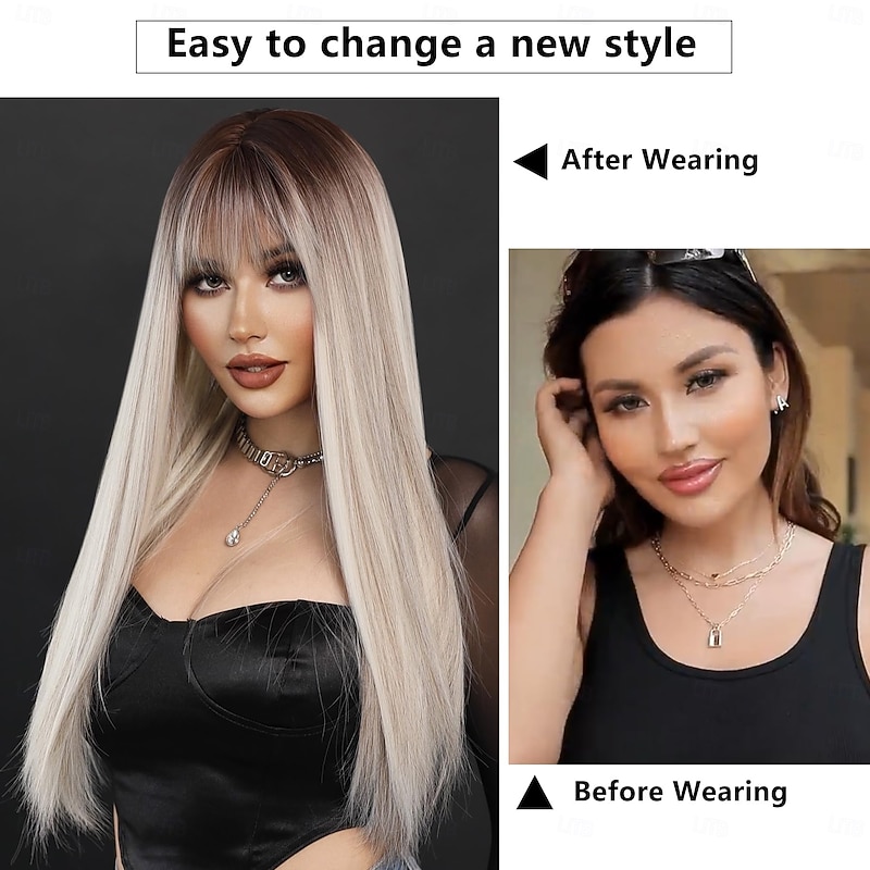 Long Straight Wig with Bangs Wig Heat Resistant  Synthetic Wig with Dark Roots Make Natural Looking Wigs for Women Party Cospaly Wig and Daily Used3