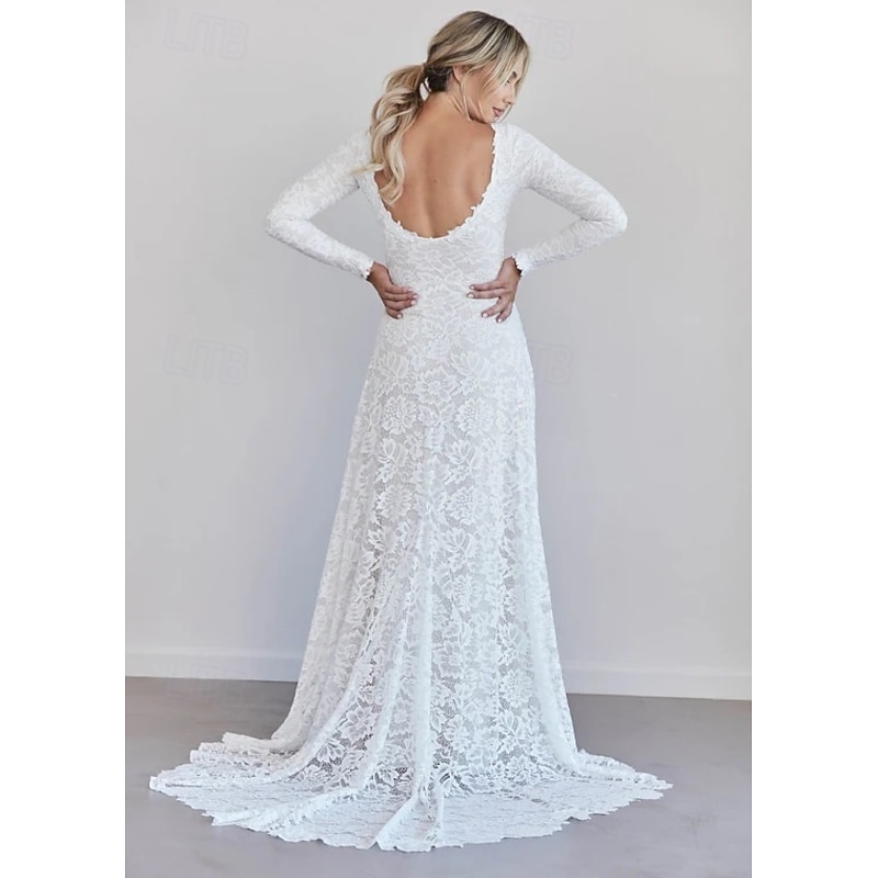 Wedding Dresses A-Line Boat Neck Long Sleeve Court Train Lace Bridal Gowns With Ruched Solid Color3