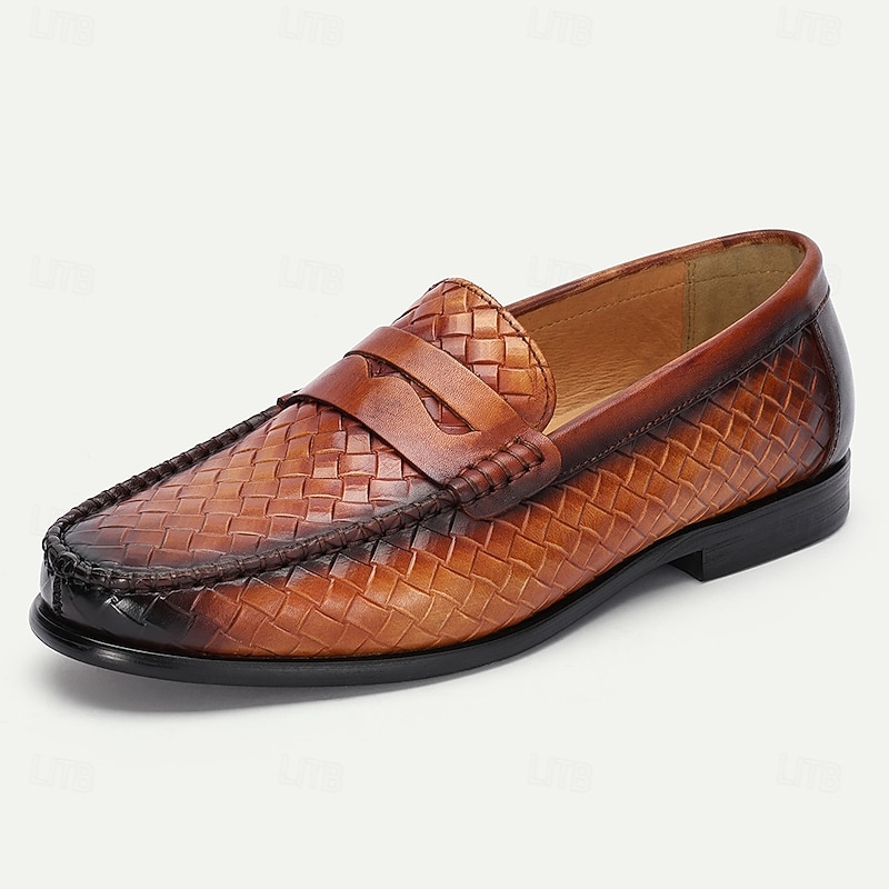 Men's Premium Cowhide Leather Woven Loafers with Stylish Accent – Comfortable Formal Footwear for Business and Special Occasions2