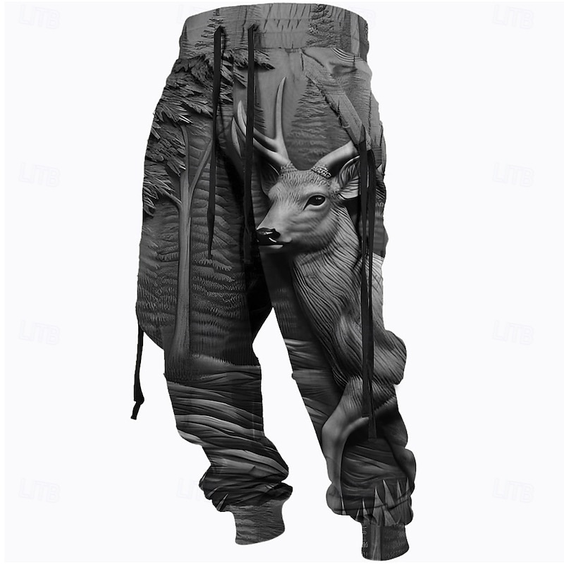 Men's Optical Illusion Hunting Deer Sweatpants Trousers Mid Waist Drawstring Elastic Waist Active Vintage Casual Outdoor Streetwear with Pockets Spring Fall 3D Print Brown Gray2