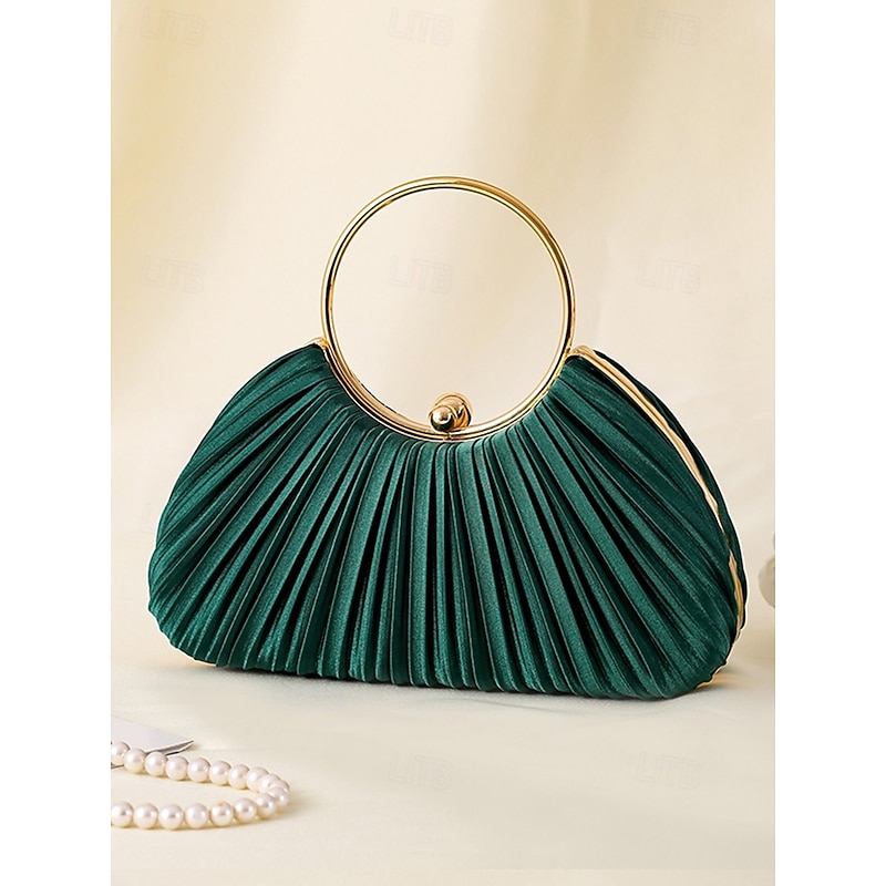 Green Elegant Pleated Velvet Clutch with Gold Ring Handle - Women's Evening Handbag, Perfect for Weddings, Parties and Formal Events