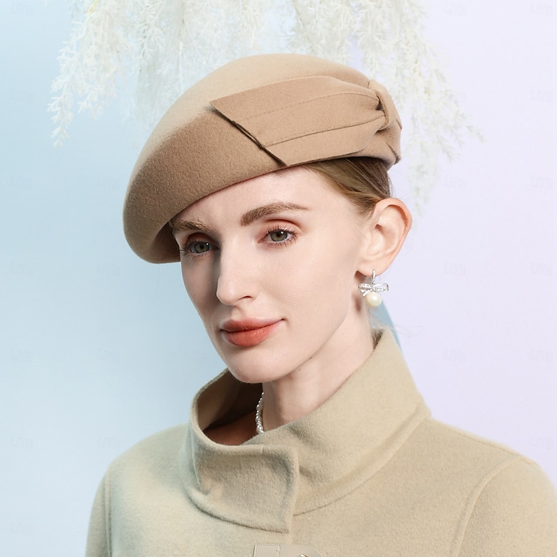 Hats 100% Wool Beret Hat Bowler / Cloche Hat Wedding Tea Party Elegant With Bowknot Pure Color Headpiece Headwear