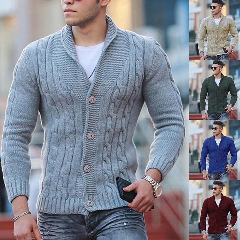 Men's Sweater Cardigan Sweater Fall Sweater Cable Cropped Plain Shawl Collar Fashion Warm Ups Christmas Xmas Clothing Apparel Fall & Winter Wine Red Black S M L