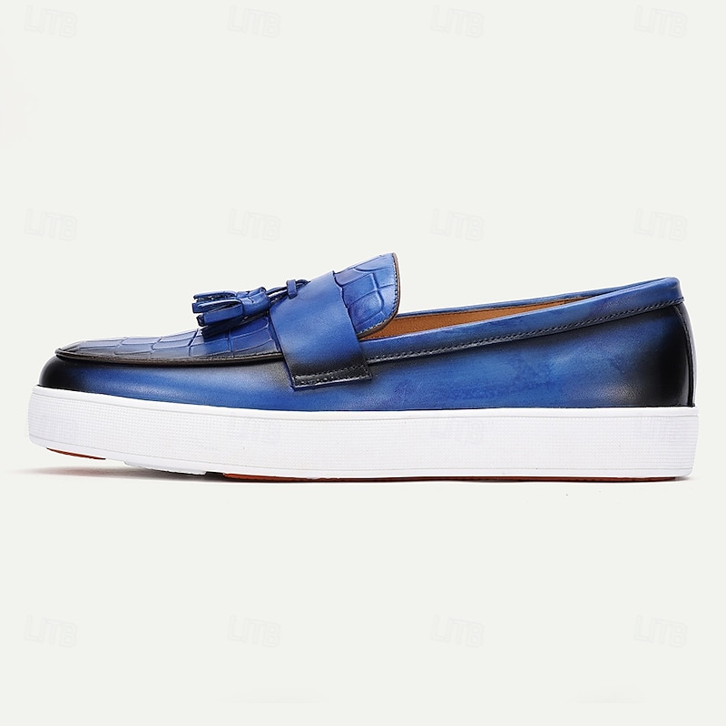 Blue Leather Loafers with Crocodile Pattern and Tassel for Men | Versatile for Casual and Business Casual4