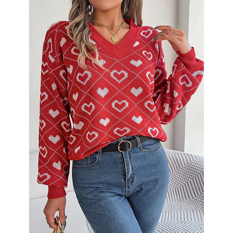 Women's Sweater Casual Soft Heart Ribbed V Neck Knitted Long Sleeve Regular Tops Knit Outdoor Daily Weekend Pink Red Fall Winter
