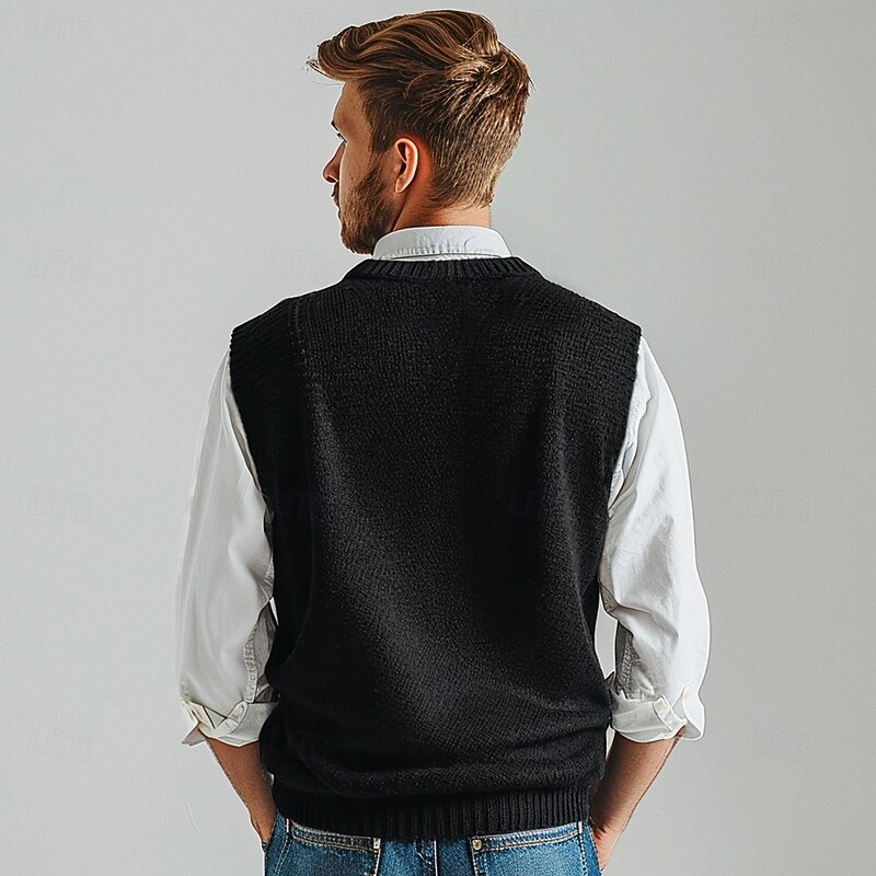 Men's Vest Ribbed Knit Regular Tops V Neck Solid Color V Neck Knitwear Daily Formal Outdoor Clothing Apparel Spring Fall Black Navy Blue S M L3