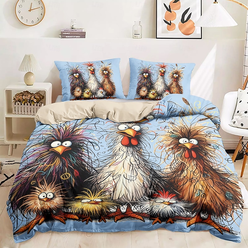 Rooster Funny Duvet Cover Set 100% Cotton Soft and Comfortable Bedding Set with Fun Rooster Print Cozy and Stylish Perfect for Bedroom Decor Easy Care and Machine Washable