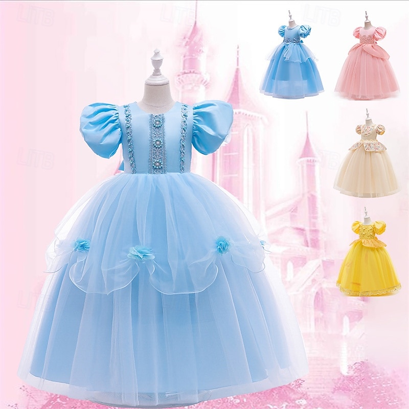 Kids Girls' Cosplay Dress Party Dress Solid Color Short Sleeve Performance Birthday Mesh Cosplay Costume Sweet Polyester Mid-Calf Party Dress Swing Dress A Line Dress Summer 4 years+ Yellow Pink Blue