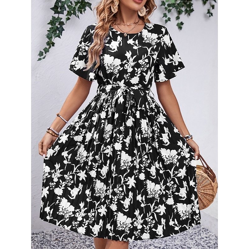 Women's Midi Dress Casual Dress Swing Dress A Line Dress Stylish Casual Vacation Daily Regular Fit Floral Short Sleeve Crew Neck Black Red Spring Fall
