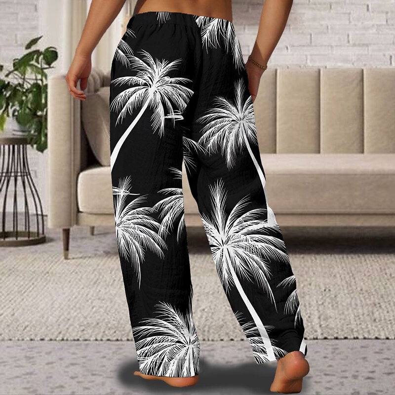 Men's Coconut Tree Hawaiian Pants Trousers Casual Pants Mid Waist Drawstring Elastic Waist Vintage Retro Outdoor Vacation Holiday Straight Leg Trousers Summer Spring 3D Print Black White3