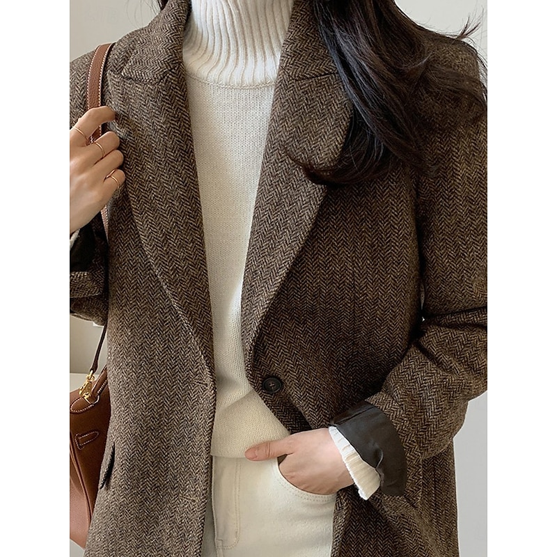 Women's Blazer Warm Breathable Patchwork Pocket OL Style Modern Solid Color Office / Career Going out Regular Turndown Regular Fit Long Sleeve Outerwear Brown Grey Fall Winter4