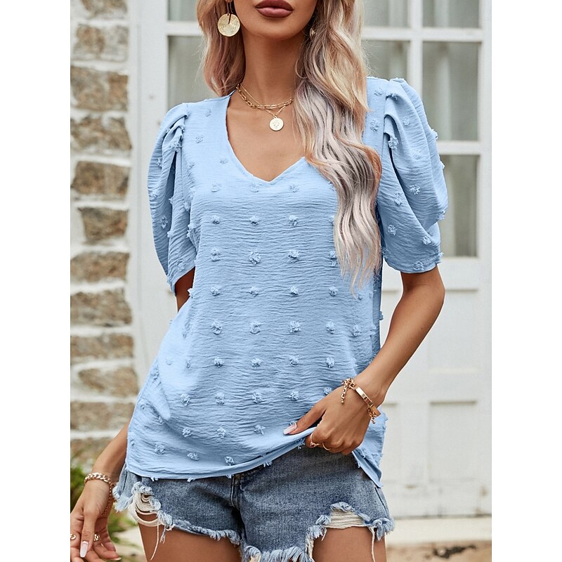 Women's T Shirt Plain Fashion Modern Casual Short Sleeve Puff Sleeve V Neck Regular Tops Daily Weekend Pink Blue Beige Summer4