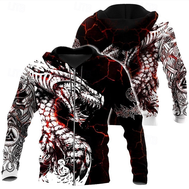 Men's Dragon Graphic Prints Viking Hoodie Hoodies Sweatshirt Streetwear Designer Long Sleeve Hooded Daily Sports Wine Red Black Print Spring &  Fall Designer