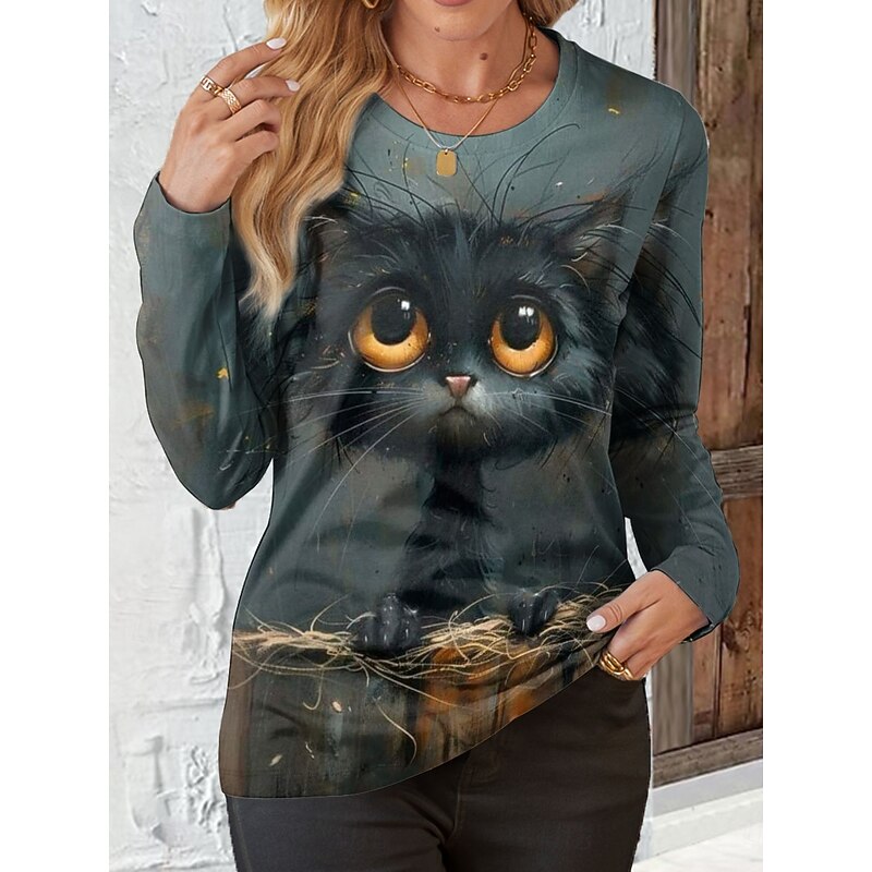 Women's T shirt Crew Neck Long Sleeve Tunic Cat Casual  Regular Tops Daily Print Gray Spring Fall