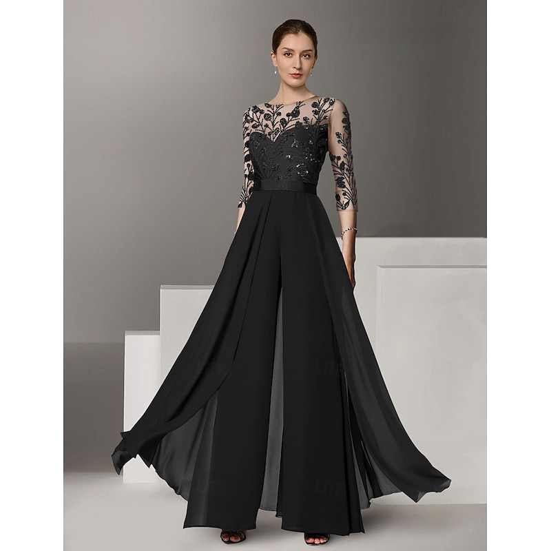 Jumpsuits Mother of the Bride  Beach Wedding Elegant Illusion Neck Floor Length Stretch Chiffon 3/4 Length Sleeve with Lace Solid Color3