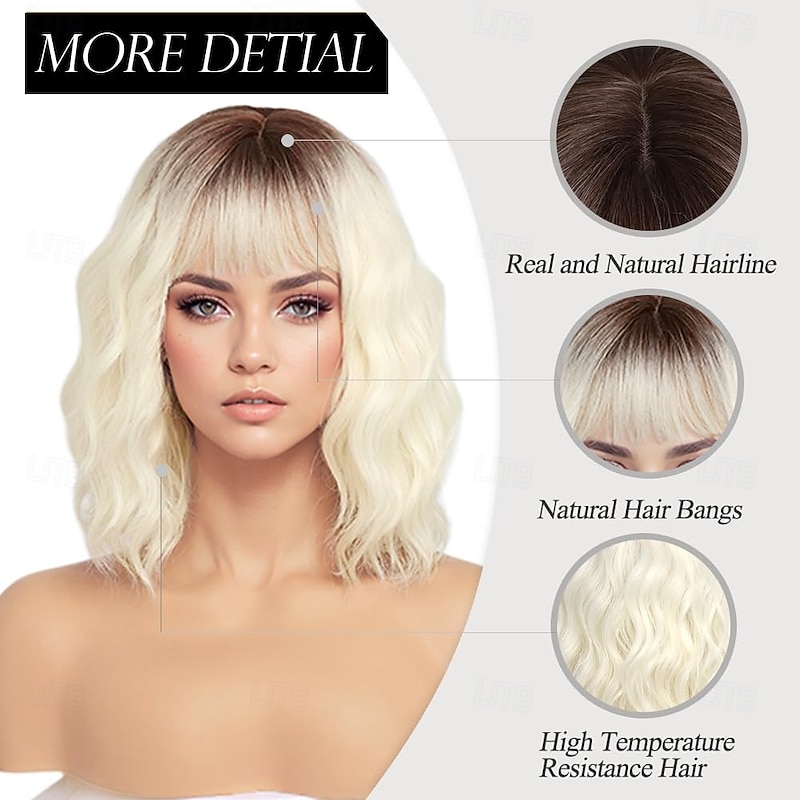Short Platinum Blonde Wigs for Women Light Platinum Wavy Bob Wig with Bangs Medium Lenth Synthetic Hair Dark Roots Wig for Daily Party3