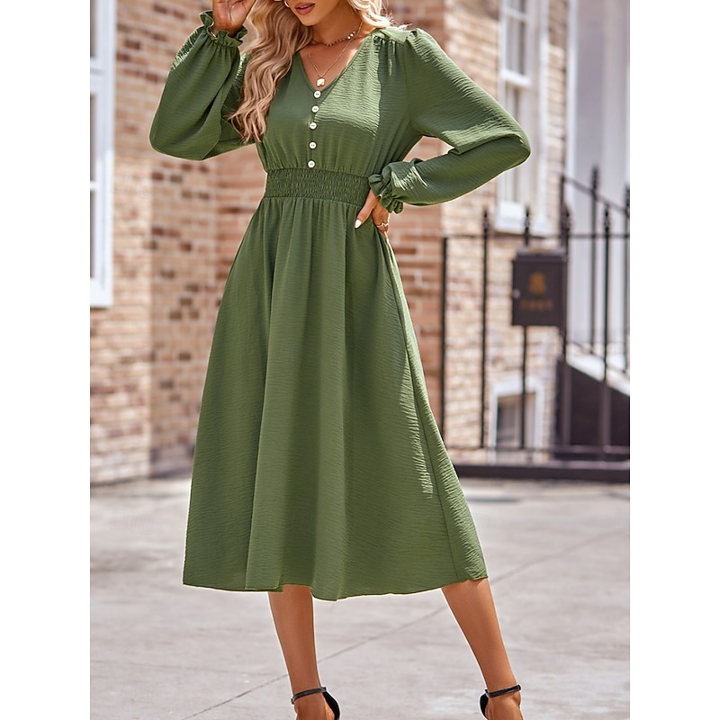 Women's Midi Dress Casual Dress A Line Dress Stylish Basic Casual Vacation Daily Regular Fit Plain Long Sleeve V Neck Black Army Green Summer Spring
