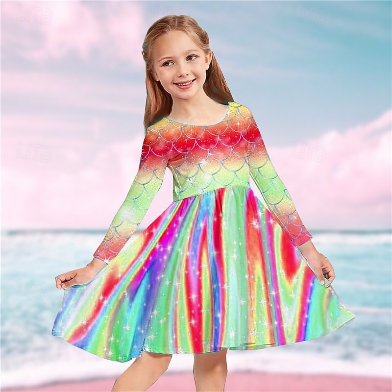 Kids Girls' Dress Rainbow Mermaid Long Sleeve Casual Crewneck Adorable Daily Polyester Above Knee Casual Dress Swing Dress A Line Dress Fall Winter 3-10 Years Multicolor Yellow Red3