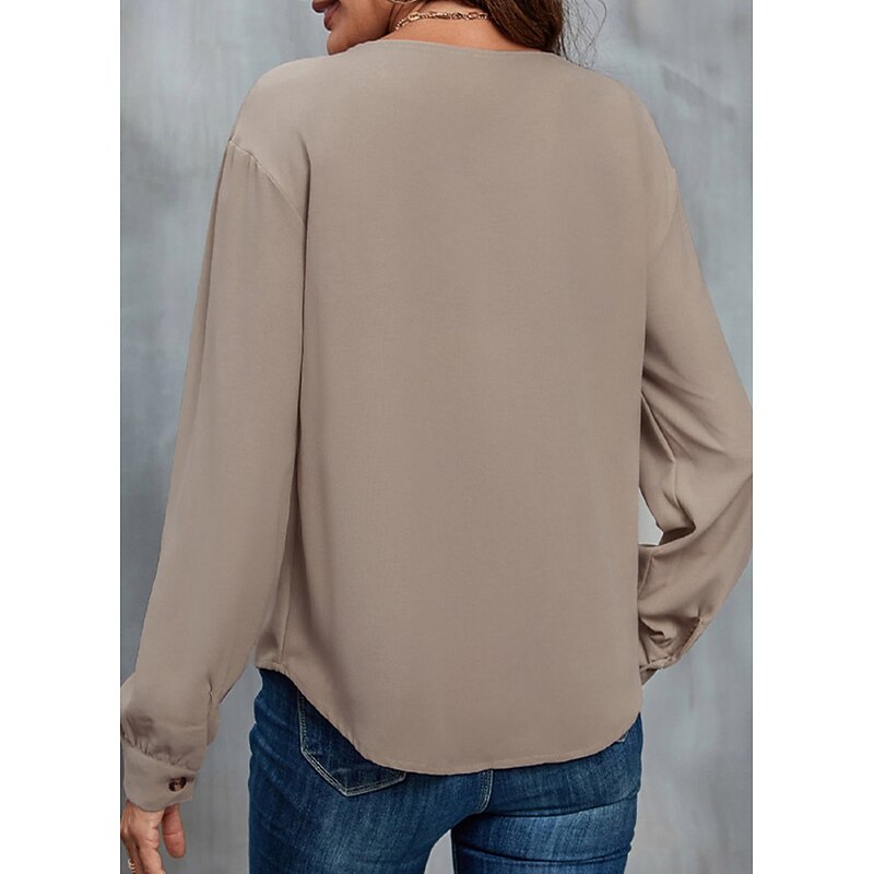 Women's Shirt Blouse Solid Color Basic Casual Long Sleeve V Neck Regular Tops Daily Patchwork Buttons Brown Spring Fall2