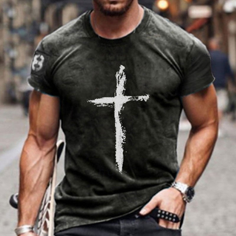 Men's Cross T Shirt Distressed T Shirt Short Sleeve T shirt Crew Neck Shirt Vintage Designer Basic Casual Daily Weekend Red Blue Dark Gray Summer Clothing Apparel Plus Size S M L XL XXL 3XL 4XL
