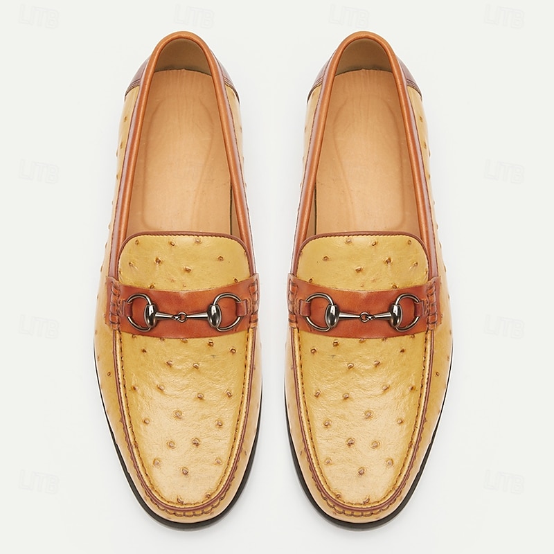 Men's Yellow and Brown Ostrich Leather Loafers with Metal Bit Detail - Stylish Slip-On Dress Shoes for Formal and Casual Wear4