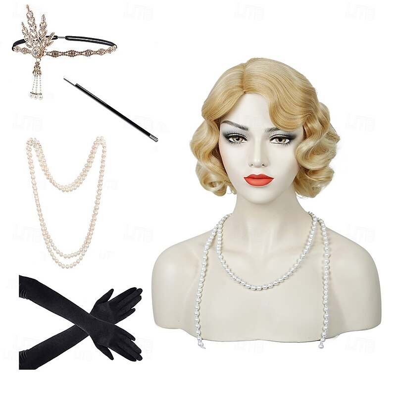 Wave Wig Women Black 1920s Vintage Flapper Wig Lady Rockabilly Short Curly Wig Carnival Party Cosplay Costume Synthetic Hair With Accessories Set Halloween Wigs4