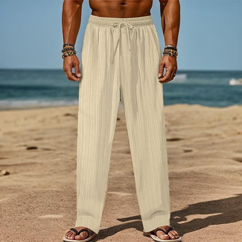 Men's Linen Pants Trousers Summer Pants Beach Pants Drawstring Elastic Waist Straight Leg Plain Comfort Breathable Full Length Daily Holiday Beach Vacation Fashion Black White2
