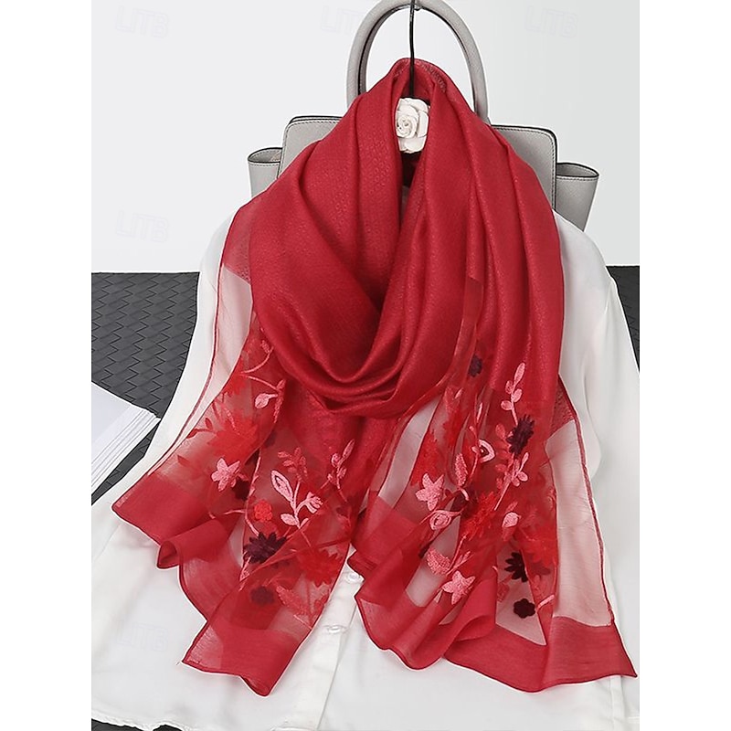 Women's Pink Sheer Embroidered Floral Scarf, Lightweight and Elegant, Perfect for Spring, Summer, and Formal Occasions2