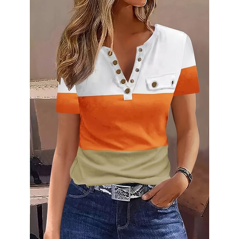 Women's T Shirt Color Block Fashion Modern Casual Short Sleeve V Neck Regular Tops Daily Weekend Buttons Red Orange Gray Summer