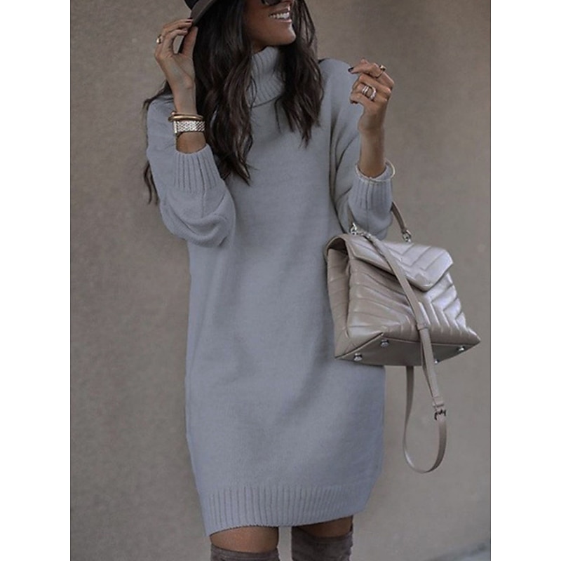 Women's Sweater Dress Casual Soft Pure Color Ribbed Turtleneck Knitted Long Sleeve Long Tops Knit Outdoor Daily Weekend Yellow Pink Fall Winter2