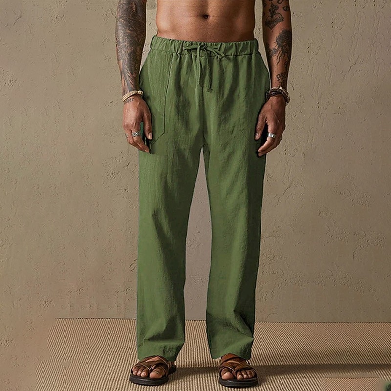Men's Linen Pants Trousers Summer Pants Gauze Pants Drawstring Elastic Waist Straight Leg Plain Comfort Breathable Full Length Outdoor Casual Daily Fashion Classic Style Black White3
