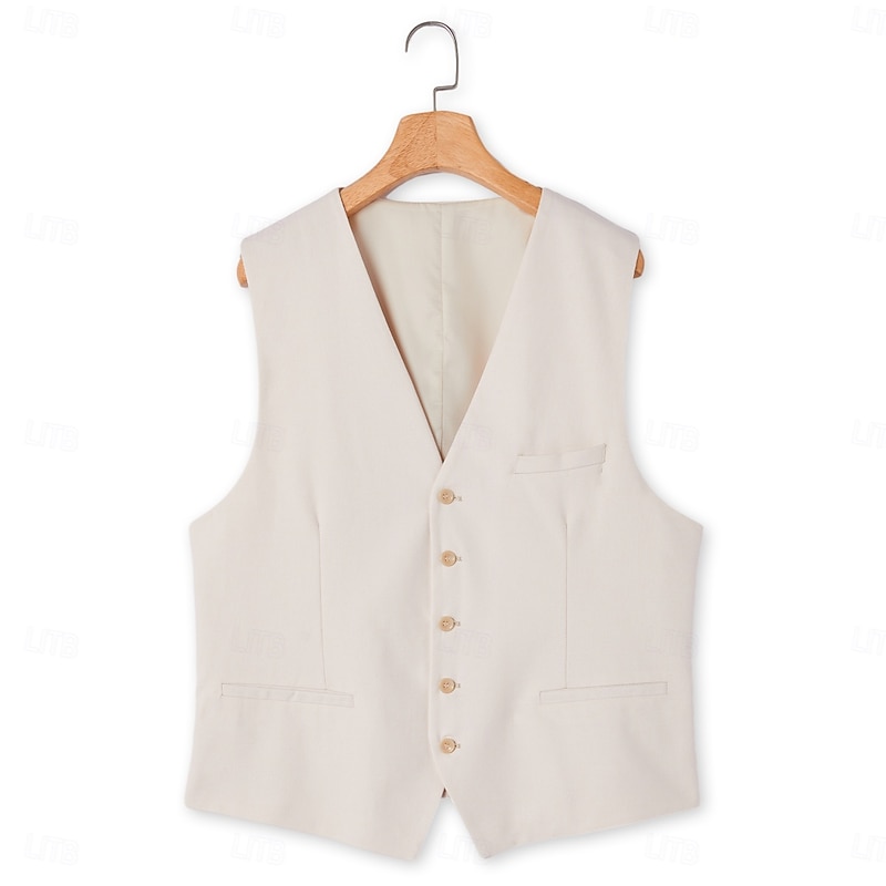 Men's Wedding Linen Suits V Neck Light Khaki Sky Blue Solid Colored Tailored Fit 2 Piece4