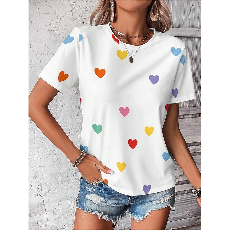 Valentine Women's Heart T Shirt Cute Regular Tops Short Sleeve Round Neck Print Regular Fit Daily Black White Summer