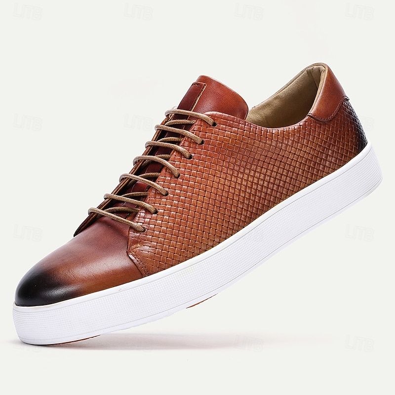Brown Leather Woven Sneakers with White Sole for Men | Versatile for Casual and Business Casual 8
