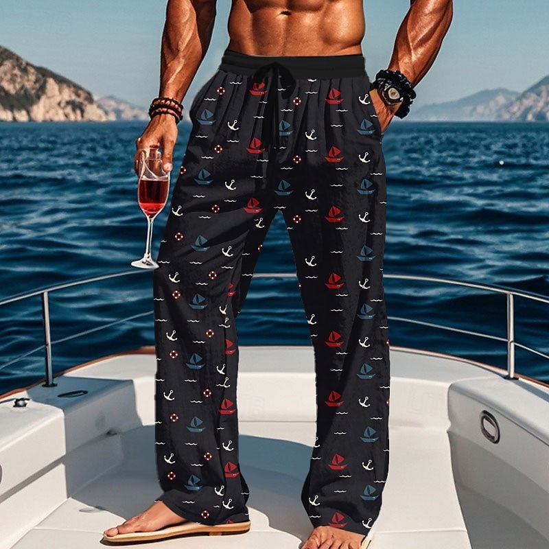 Men's Hawaiian Nautical Anchor Pants Trousers Casual Pants Mid Waist Drawstring Elastic Waist Hawaiian Casual Outdoor Vacation Holiday Straight Leg Trousers Summer Spring Fall 3D Print Black White4
