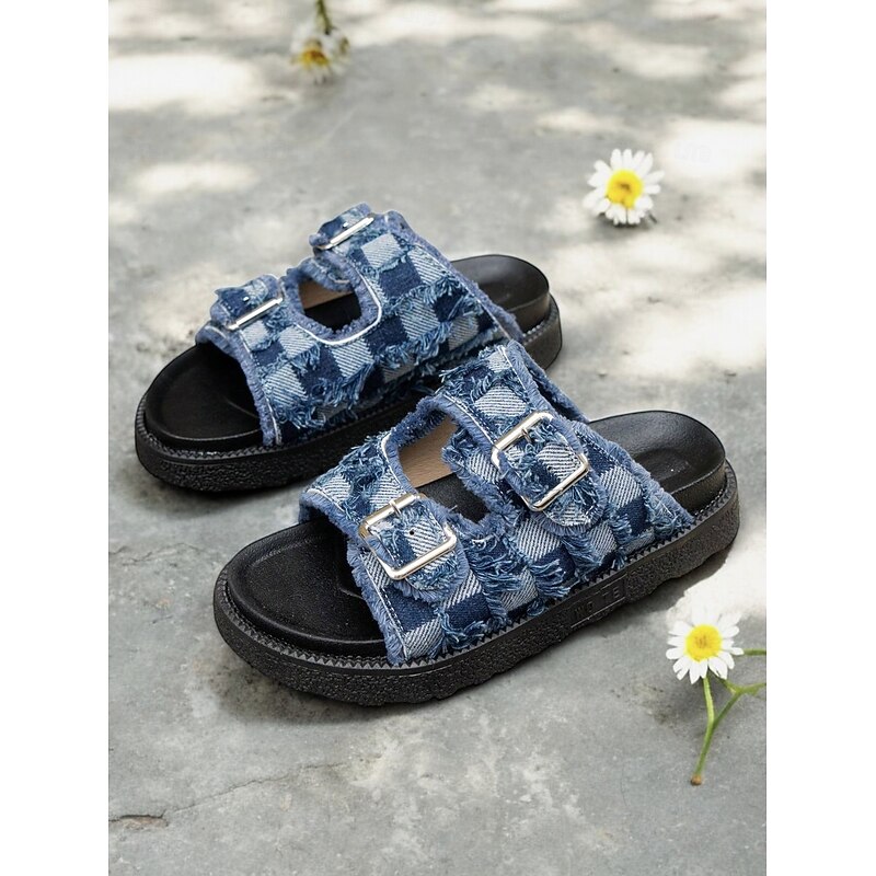 Women's Comfortable Blue Distressed Denim Double Buckle Slides with Thick Sole Perfect for Everyday Wear2